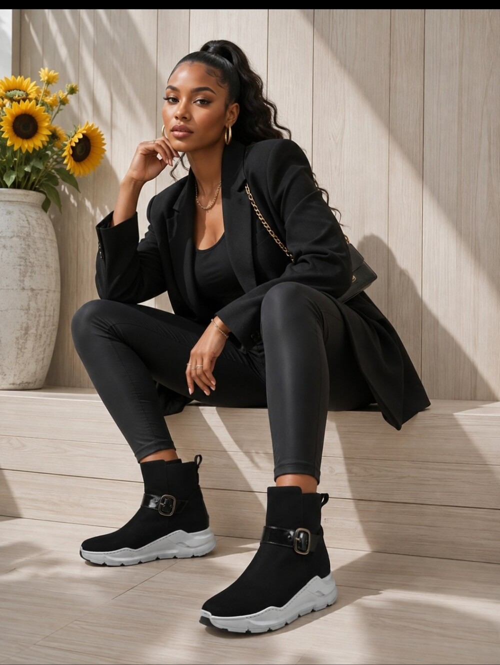 VALENTINA RANGONI LEATHER Women’s Black Pull-On Ankle Sneakers with Buckle